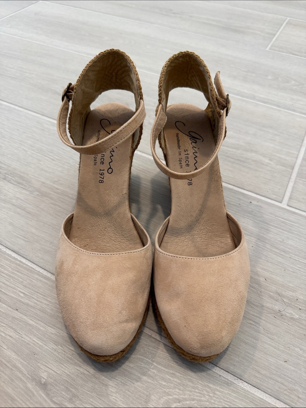 Suede Ankle-Strap Espadrille Wedges in Beige, made in Spain size 40 EU, 9 US